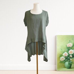 Sage Green Linen Blend Tunic Top Womens Medium High Low Hem Lace Boho Lagenlook